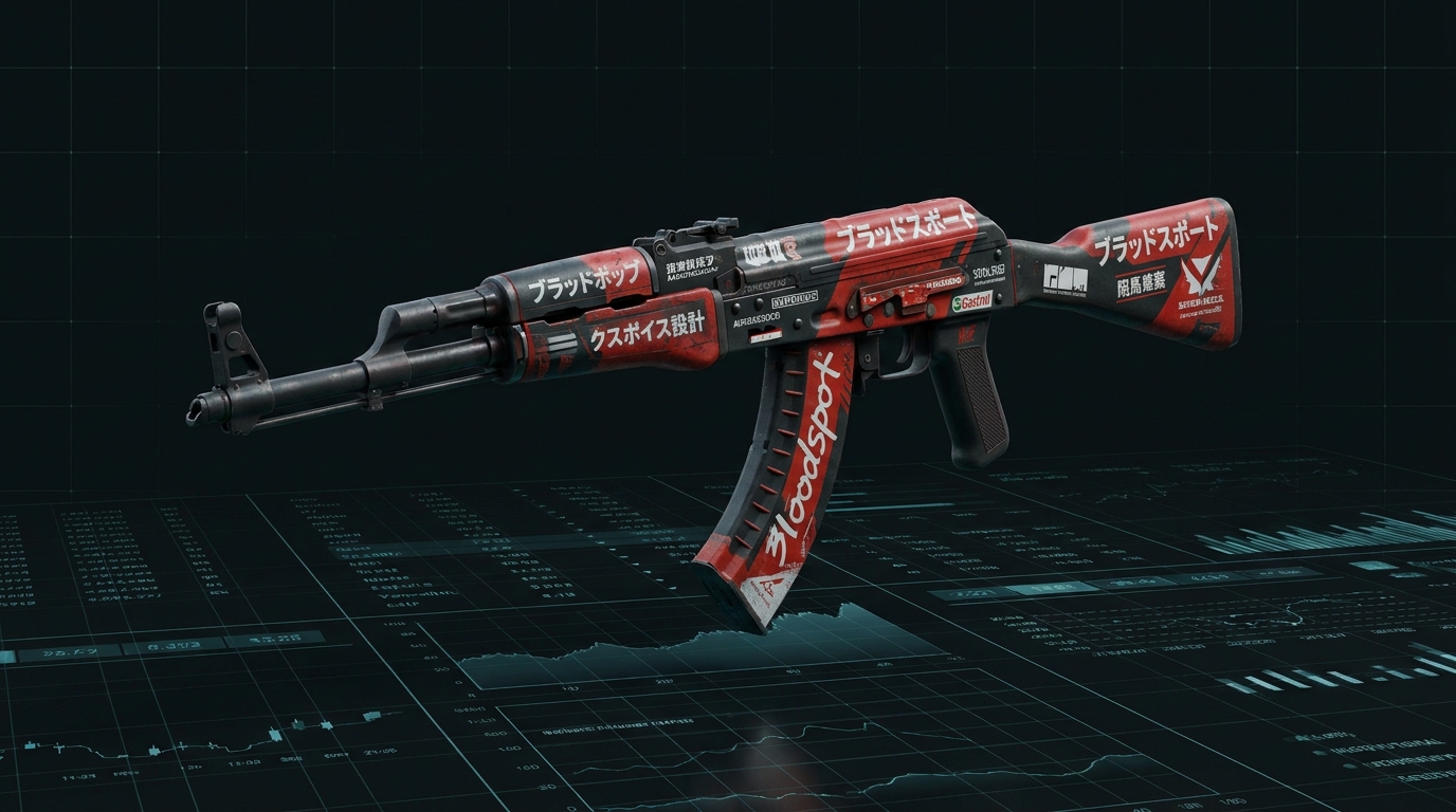 AK-47 Bloodsport concept artwork above a perspective market-data grid